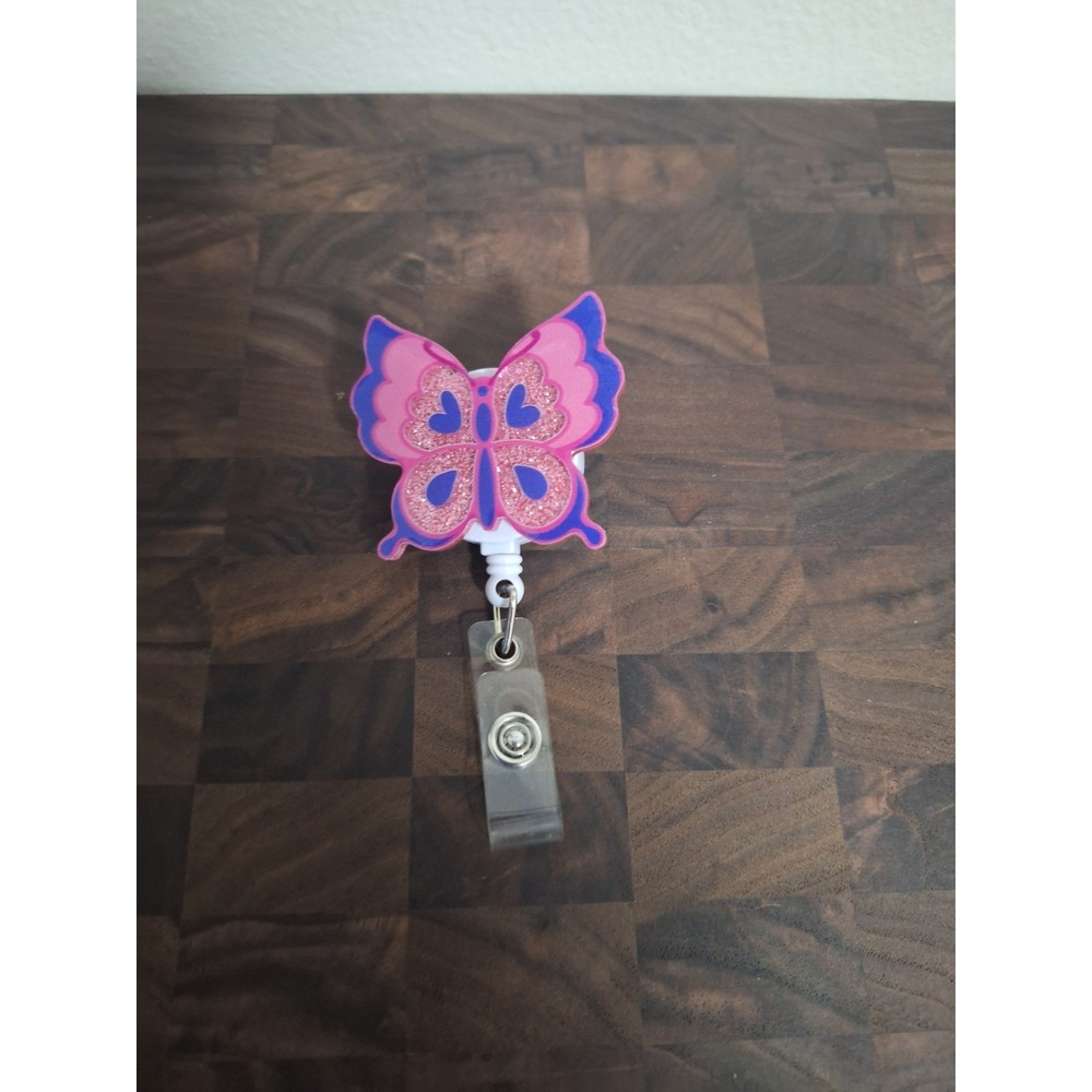 Pink Purple Glitter Butterfly Badge Reel Retractable ID Card Holder Nurse Swivel